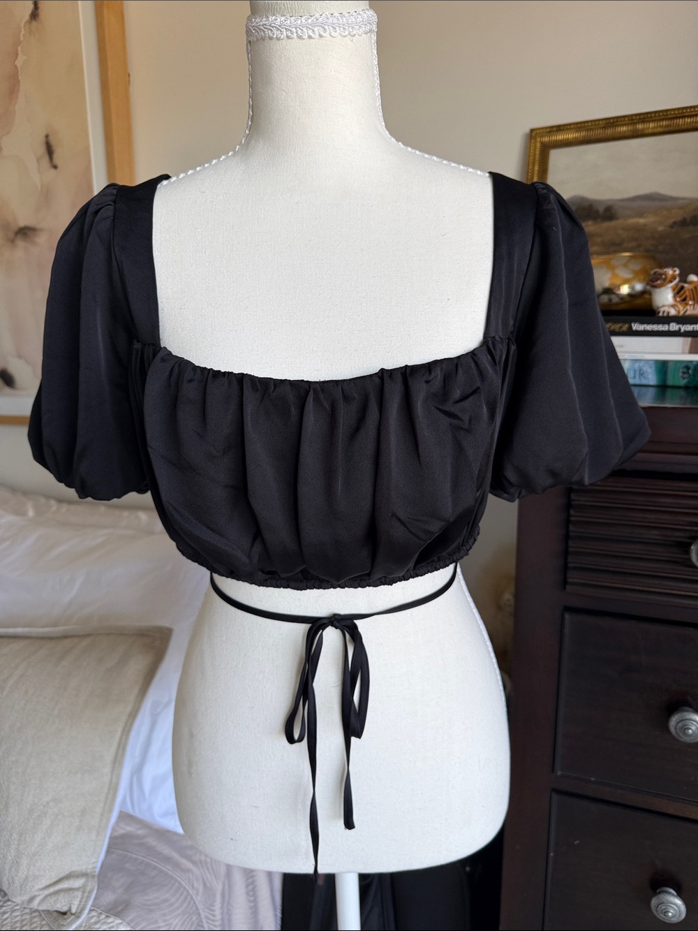 Black Puff Sleeve GUESS Cropped Blouse with Tie Back